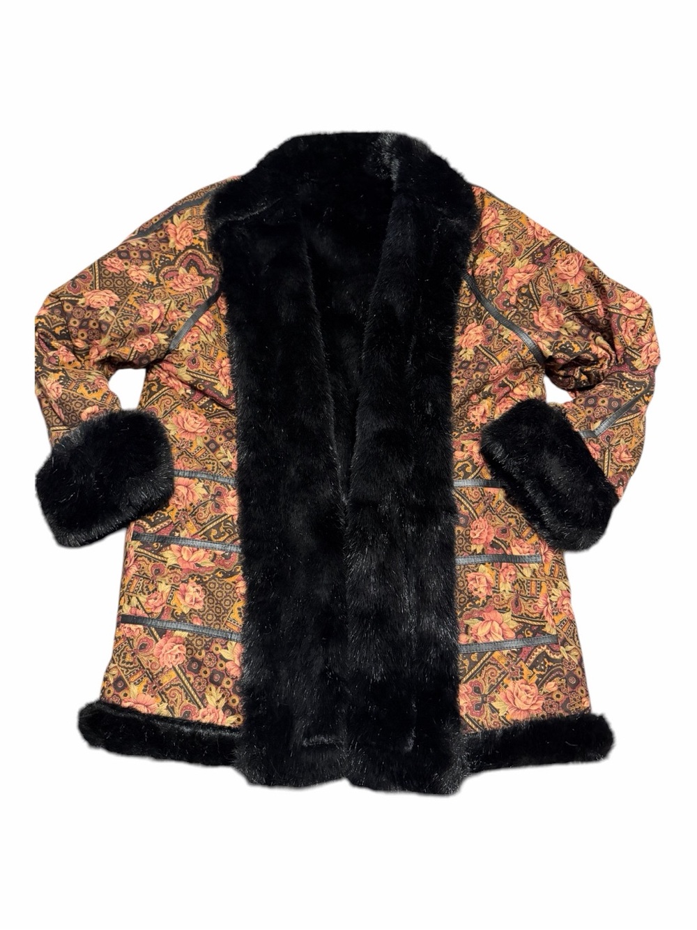 Vintage 90s Faux Fur Lined Paisley Rose Floral Panel Coat Boho Sz L